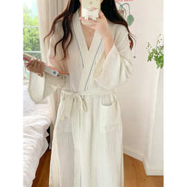 2025 新款睡袍女秋棉简约条纹浴袍长款和服ins睡衣家居服