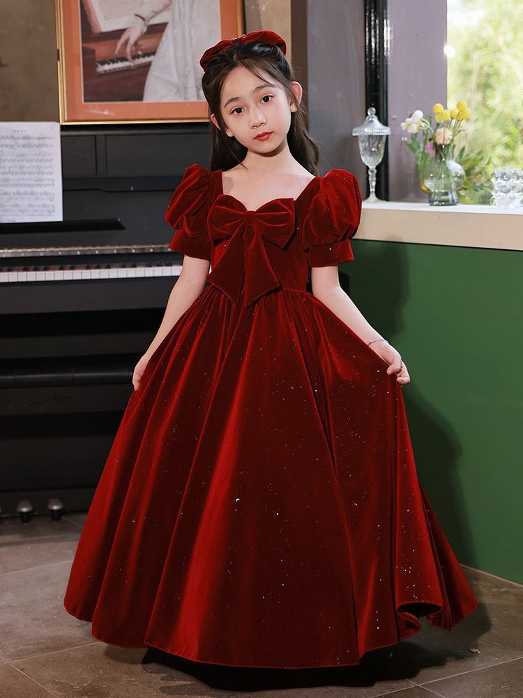 儿童礼服女童高端红色公主裙花童婚礼小女孩主持人钢琴演出服冬季