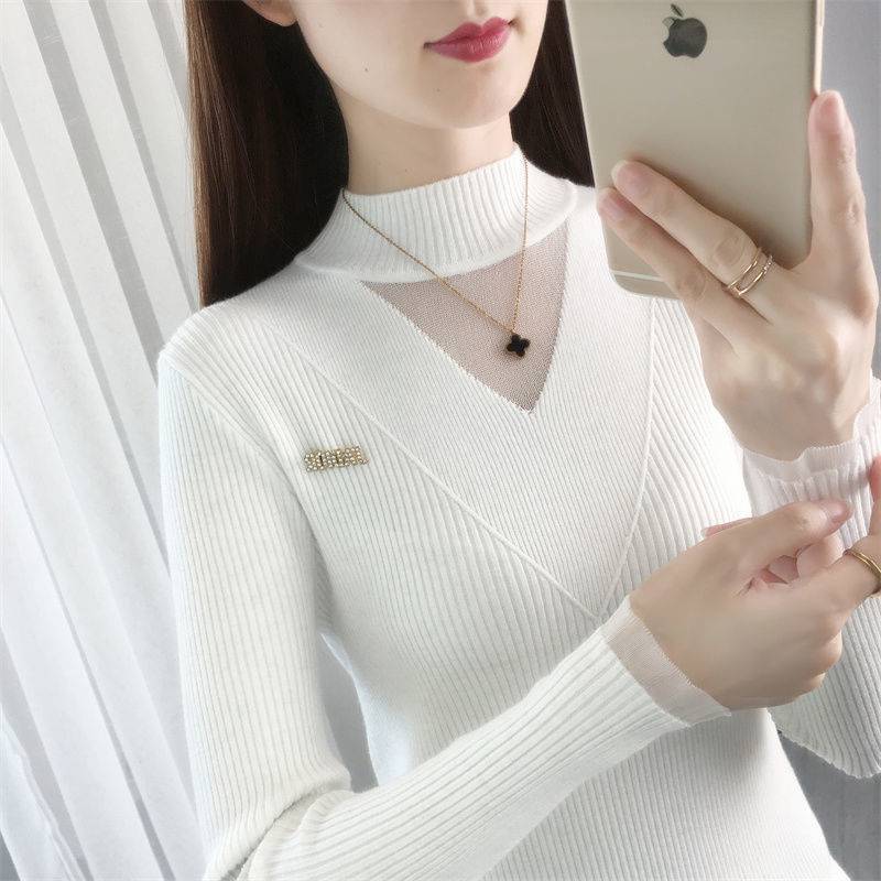Top para mujeres 2023 nuevo Otoño e Invierno SLIM-Fit medio cuello alto encaje estilo occidental suéter de manga larga de punto camisa de moda image 8