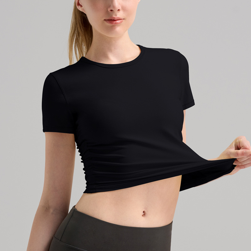 INF リブ編みスポーツTシャツ レディース シワ加工 ウエストシェイプ ショート丈 フィットネスウェア トップス 通気性 速乾性 ルル風 ヨガウェア 半袖|undefined