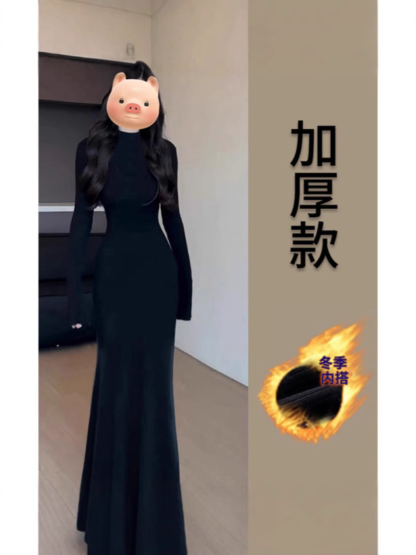 黑色步步生莲鱼尾连衣裙女秋冬内搭修身针织包臀高领春秋季长裙子|undefined