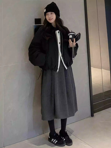 Women's Autumn/Winter New Arrival High-Waist Slimming Korean Style A-Line Puff Umbrella Skirt Deep Gray Thick Medium-Length Skirt