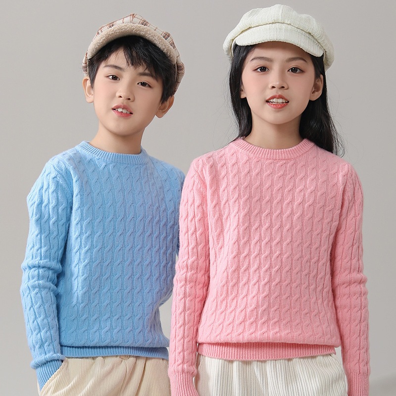 High-neck, thick cable knit children's cashmere sweater, pure wool sweater, unisex, small cable knit, new autumn and winter style.