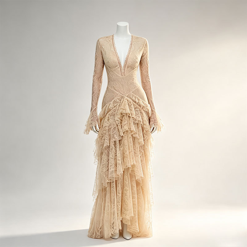 French-style spring and autumn lace fitted dress for women, featuring a V-neck, bow detail, flared sleeves, and a tiered, long design suitable for evening events and formal occasions