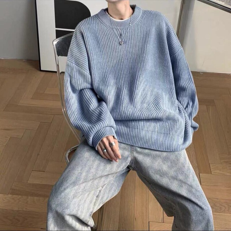 Round Neck Solid Color Sweater Men's Autumn and Winter Hong Kong Style Loose Korean Style Lazy Thickened Knitted Shirt Men's Base Shirt