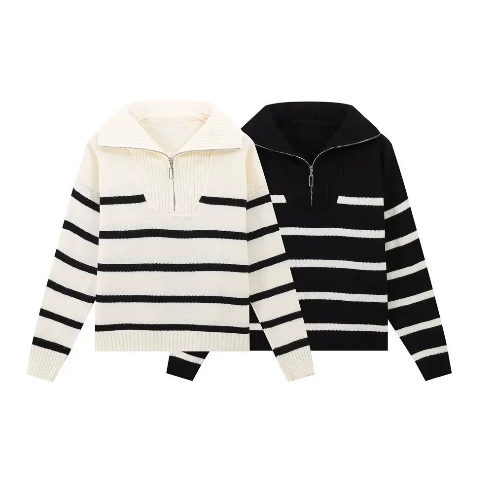 Женская одежда для внешней торговли, осень-зима 2024, в европейском и американском стиле, уличная мода, повседневный свитер с отложным воротником, на молнии, в полоску, для женщин, F4434