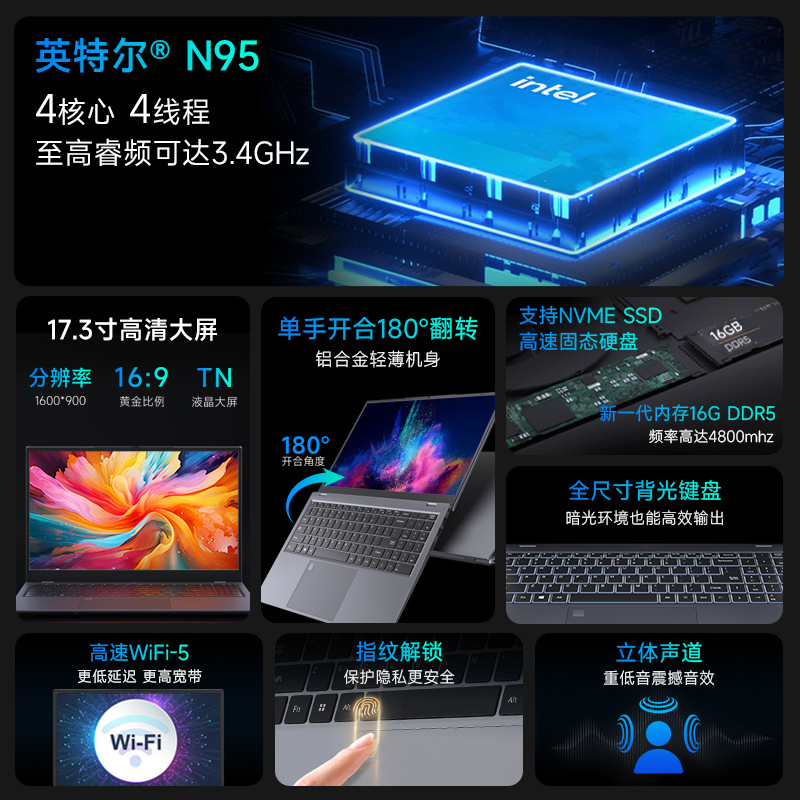 Nueva computadora portátil N95 de 17,3 pulgadas, procesador 16G, portátil de oficina portátil, portátil delgado y liviano con retroiluminación de huellas dactilares