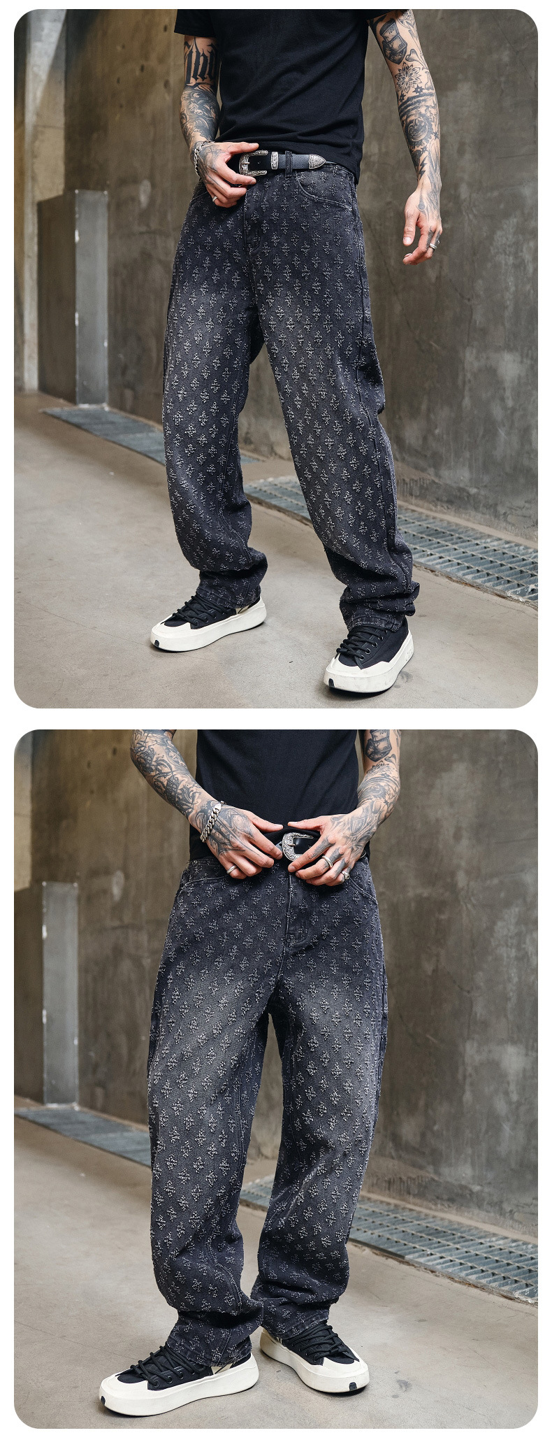 Herren Jeans Mit Jacquard Muster Weit Gerade Und Lässig Verwaschen_voghion.com