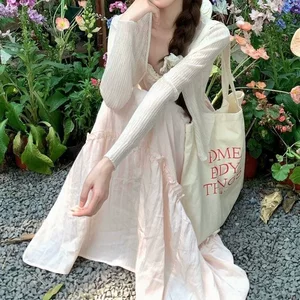 温柔甜美法式蕾丝拼接粉色吊带套装夏季连衣裙防晒开衫收腰长裙女