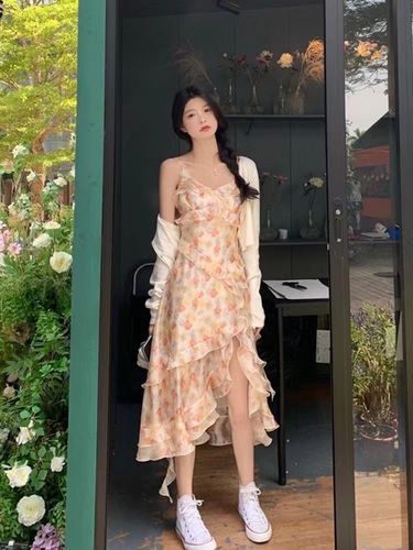 Floral Dress with Fairy-like Elegance, Medium Length, Unique Design, Lace Edge, Asymmetric Floral Print Strappy Dress