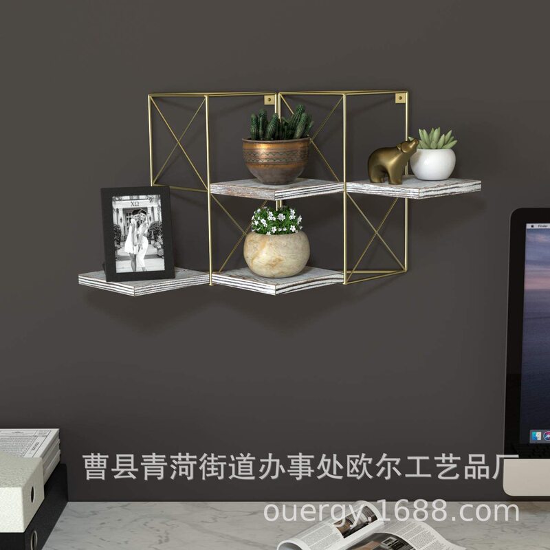 Wall Mounted Floating Shelf Shelves 2 Pieces Gold Frame Rustic Wood Display Rack Living Room Bedroom Decorative Shelf