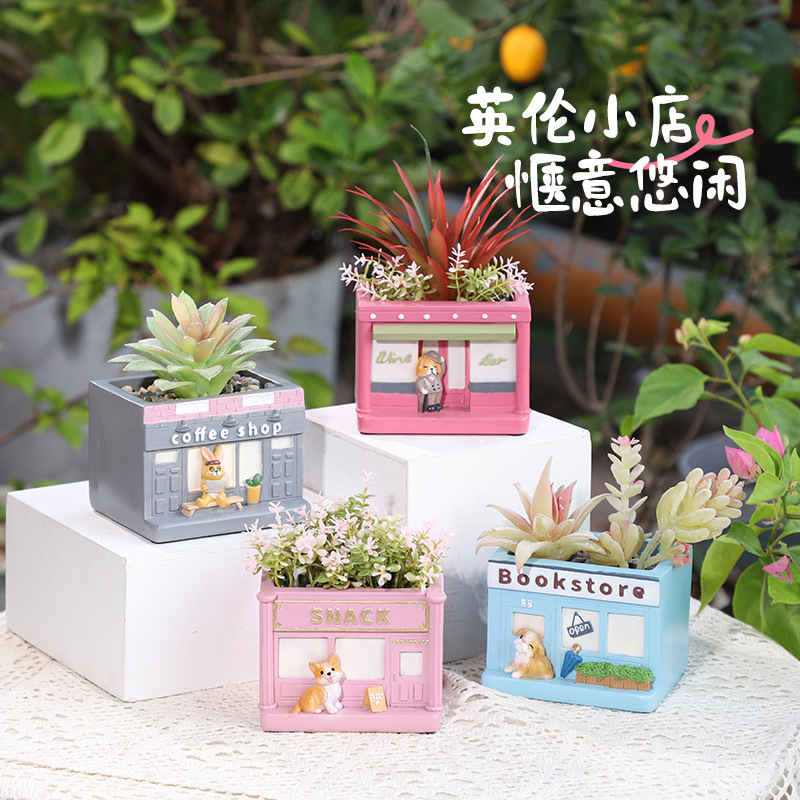 Chậu Cây Resin Chậu cây mọng nước hình phố cổ Anh resin, chậu mini trang trí nhà, sân vườn và ban công (RG-109)