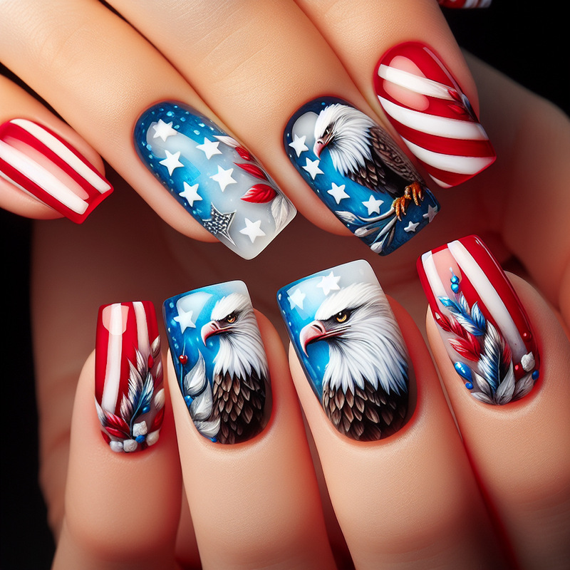 American Independence Day 24 Short Square Red Blue White Striped Eagle Design Wear Nail Art Patch Fake Nail American Independence Day 24 Short Square Red Blue White Striped Eagle Design Wear Nail Art Patch Fake Nail