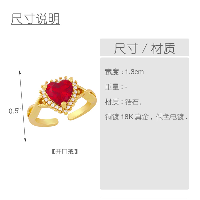 wholesale jewelry gold-plated heart-shaped copper inlaid zircon open ring nihaojewelry