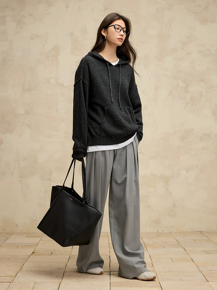 Демисезонная шерстяная худи, вязаный свитер, drawstring, oversize
