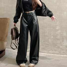 宽松皮裤女2023新款秋冬韩版复古高腰直筒显瘦休闲裤PU皮阔腿裤子