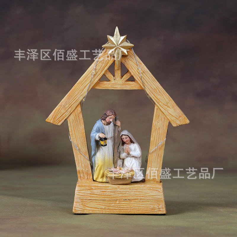 Resina transfronteriza luz LED escena de nacimiento ornamentación del pesebre Santa María José figura regalos de Navidad