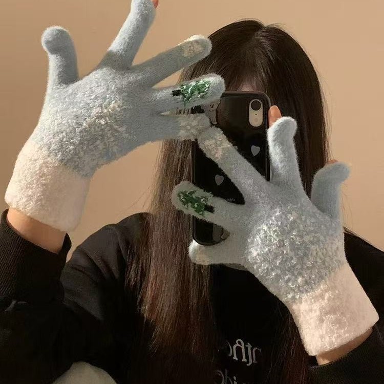 女士手套冬季新款露指加厚毛茸茸针织手套女生韩系可触屏五指写字|undefined