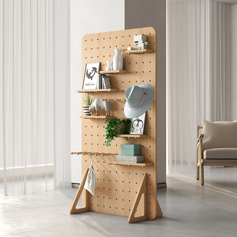 Japanese-Style Movable Partition Screen for Living Room Entrance, Floor-Standing Storage Rack, Vertical Storage Pegboard Folding Screen Wood