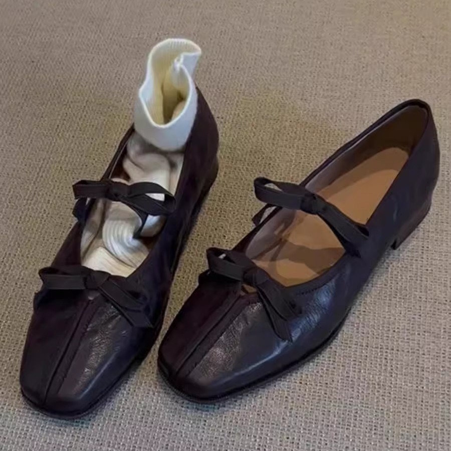 Piel de oveja ~ Zapatos de ballet francés de cuero genuino mujer suela suave con falda vintage Mary Jane zapatos planos con lazo