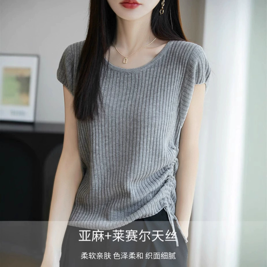 Новая трикотажная рубашка Tencel с летящими рукавами, женская летняя футболка с завязками на талии, тонкий серый топ из лиоцелла