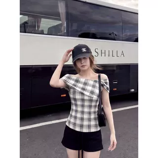 韩系纯欲风格子一字肩无袖T恤女夏季短款修身显瘦辣妹绝美小上衣