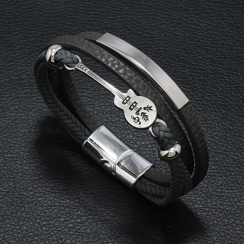 Pulseira masculina estilo punk europeu e americano com guitarra, feita de corda de couro trançada multicamadas, um ótimo presente para namorado._voghion.com
