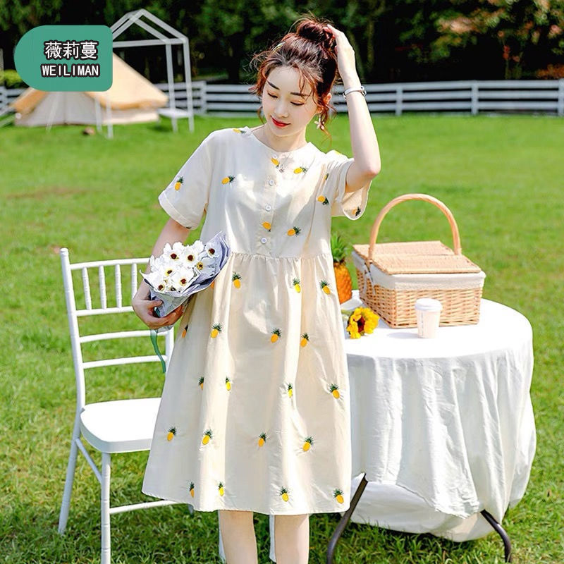 maternity dress Summer wear Dress Korean Edition Simplicity Easy Embroidery Mid length version Easy summer skirt lactation Dress