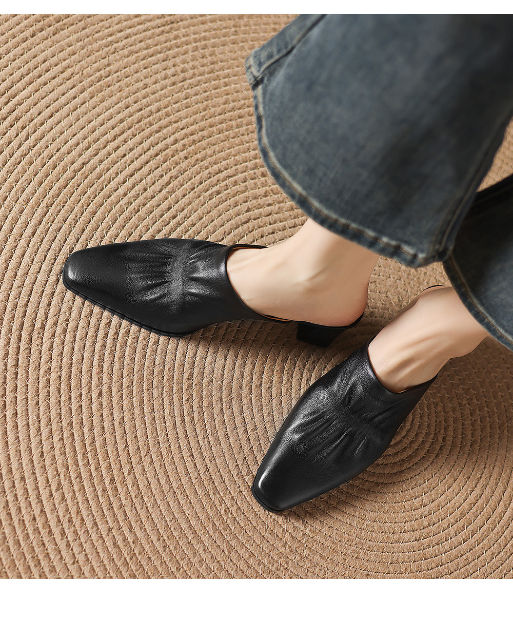 Sandal nữ bít mũi hở gót cao gót thô 5 cm, da bò mùa xuân hè — đen chi tiết 14