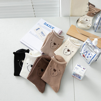 21春夏新品襪子女日系可愛薄款卷邊卡通小熊女士中筒襪子ins棉襪