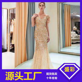 2025欧美外贸新款女装 ebay性感插肩袖V领修身礼服烫金性感长裙女