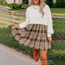 欧美休闲女装秋冬撞色拼接格纹褶皱圆领长袖连衣短裙