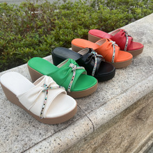 坡跟拖鞋女跨境大码2025夏季时尚外穿松糕厚底凉拖水钻女士一字拖