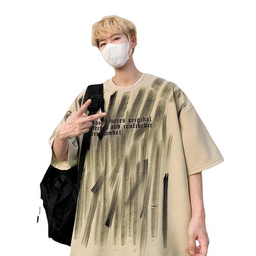 Hand-painted graffiti-style small-town trend T-shirt for men, summer high-street heavy-duty oversized hip-hop sport top