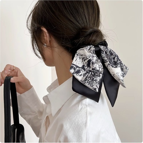 French vintage printed ribbon hair tie with elegant elegance, large intestine hair tie, exquisite ponytail hair ribbon for women