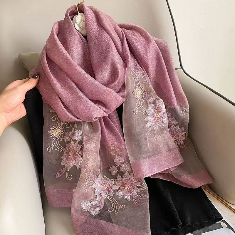 秋冬季绣花丝巾女韩版百搭刺绣仿真丝保暖纱巾高档轻奢风围巾|undefined