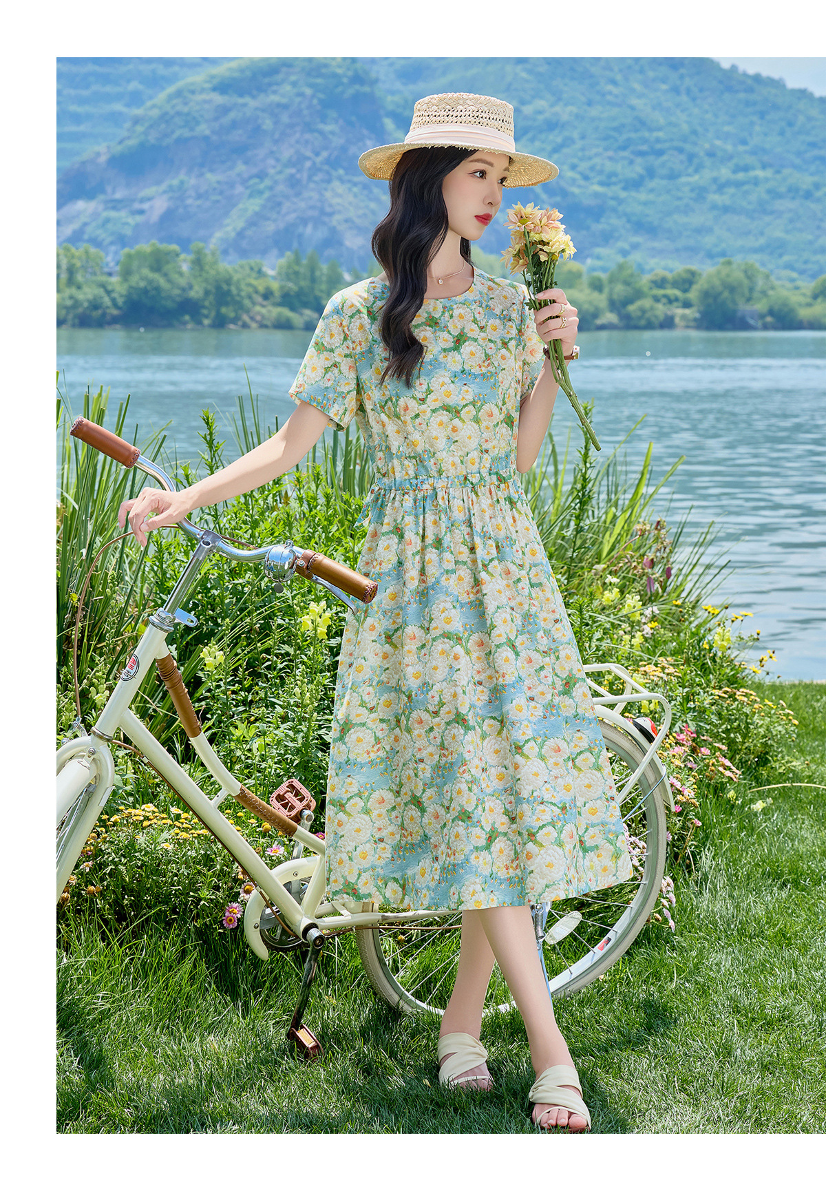 Đầm maxi nữ thắt eo họa tiết hoa nhí màu xanh lá dáng suông dài — Xanh lá cây nhạtcolor chi tiết 13