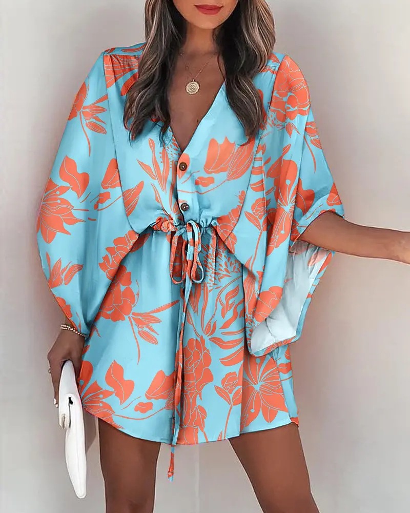 Plant Pattern Wholesale Women'S Fashion Printing Plant Daily V Neck Short Sleeve Irregular Skirt