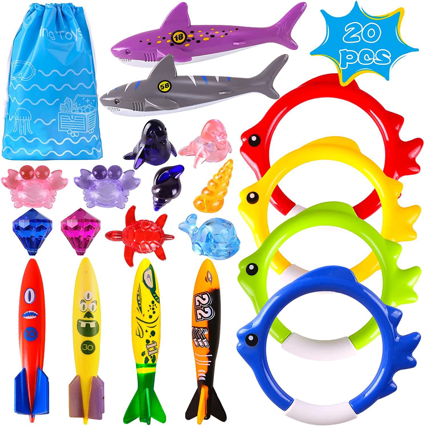 Underwater Water Pressure Toy Diving Game Kids Pool Treasure Hunt Diving Torpedo Shark Clip Set Diving Toys