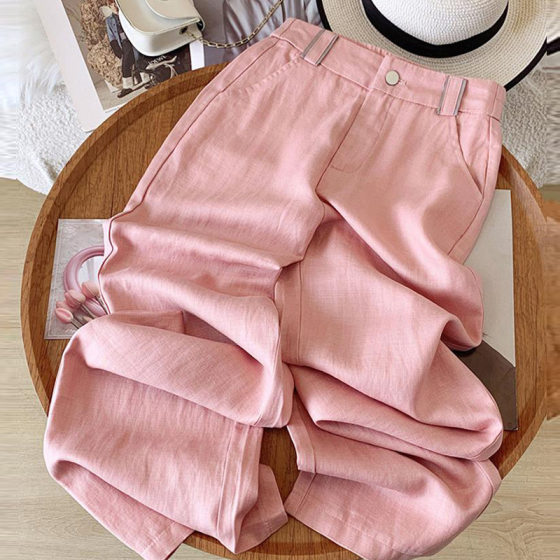 Tencel Linen Casual Straight Leg Pants Women's 2025 Summer New Style Elastoic High Waist Dosing Thin Wide Leg Pants Simple