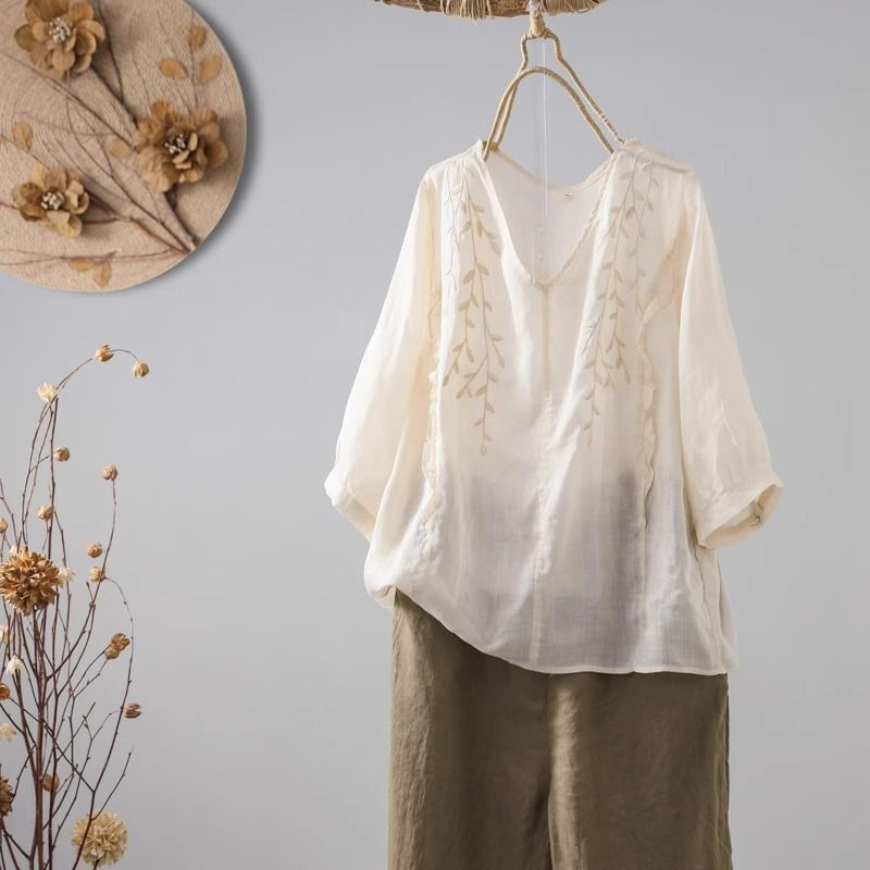 Cotton and linen top women's embroidered loose elegant artistic retro solid color small shirt thin versatile summer new ethnic style