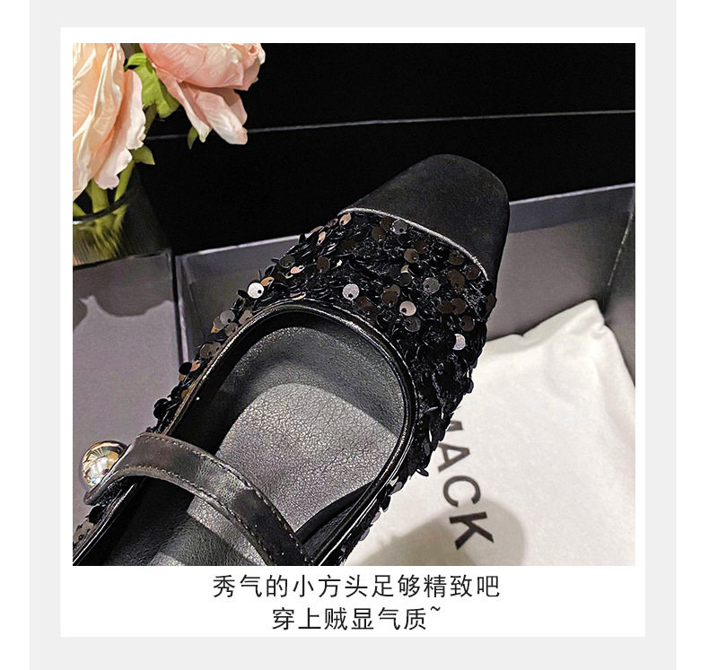 Dép mule sandal nữ bít mũi vuông quai ngang đính sequin lấp lánh, gót thấp 1–3 cm — Màu bạc, Màu đen chi tiết 11