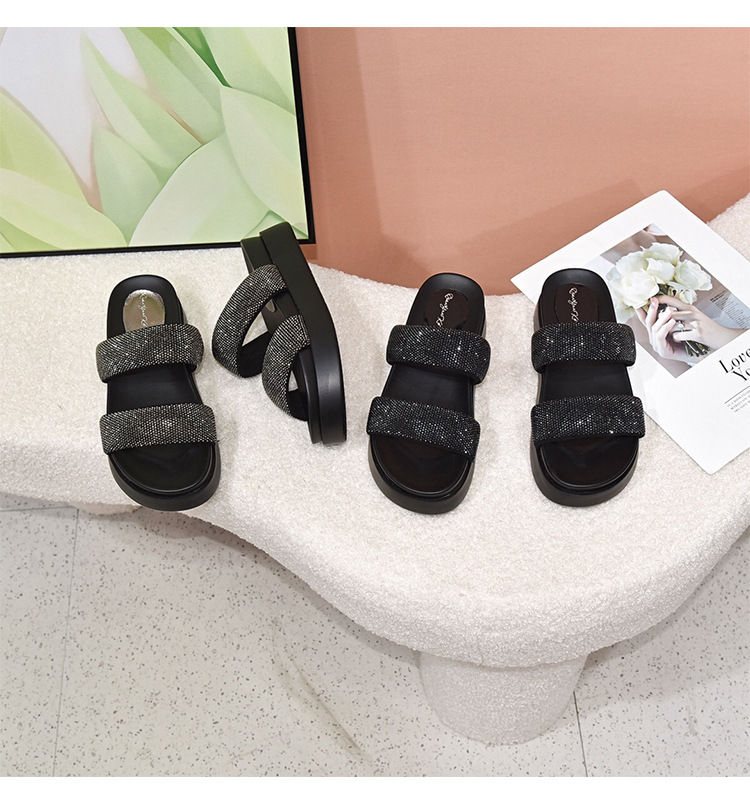 Dép sandal nữ quai ngang đế xuồng platform đính đá — Màu đen chi tiết 9