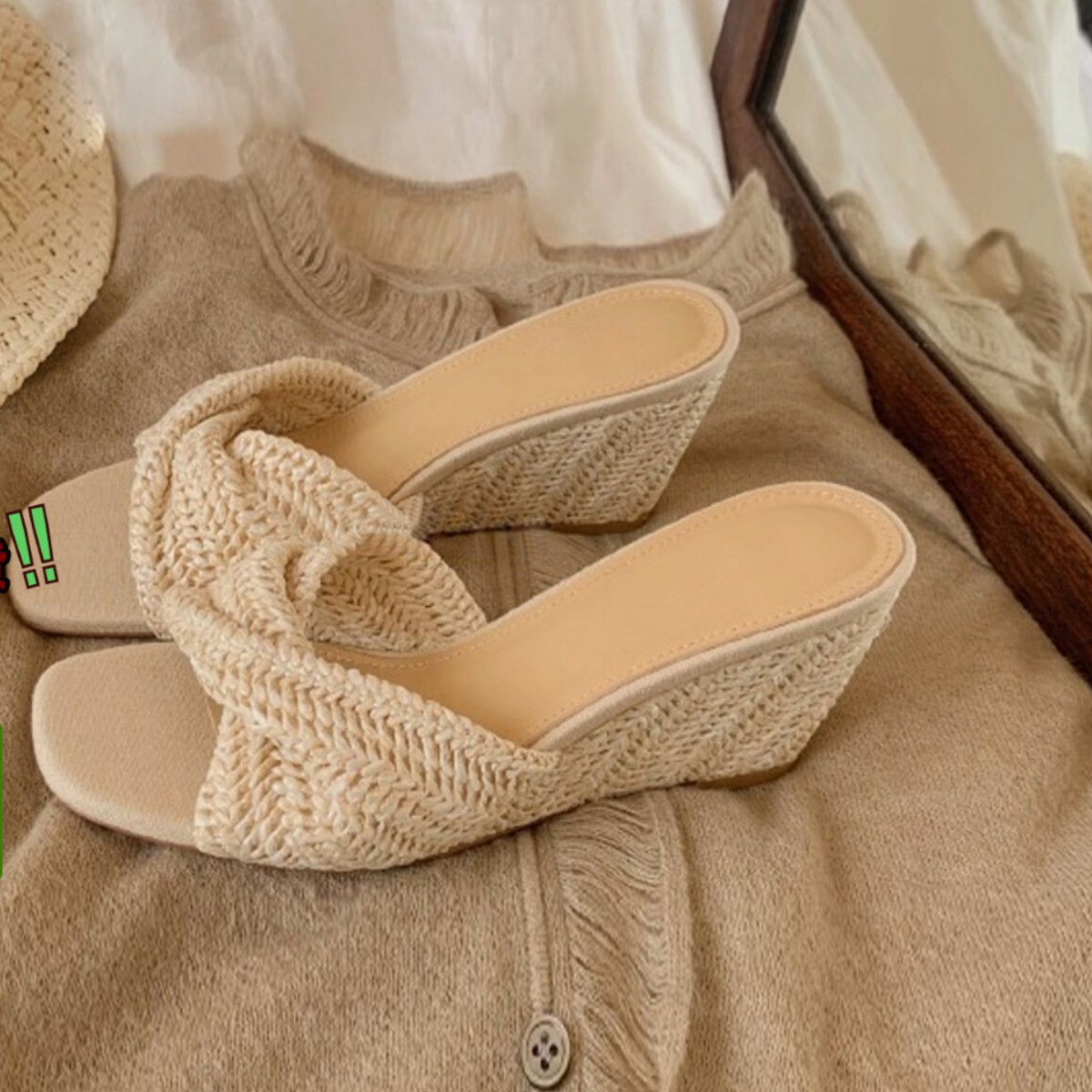Straw mule platform wedge heel