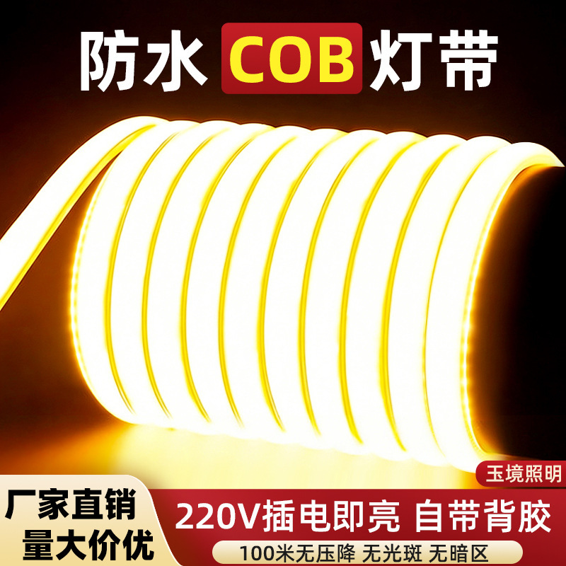 Super Bright Led Light Strip High Voltage 220V Outdoor Waterproof Self-Adhesive Linear Light Ambient Light Household Silicone Cob Soft Light Strip