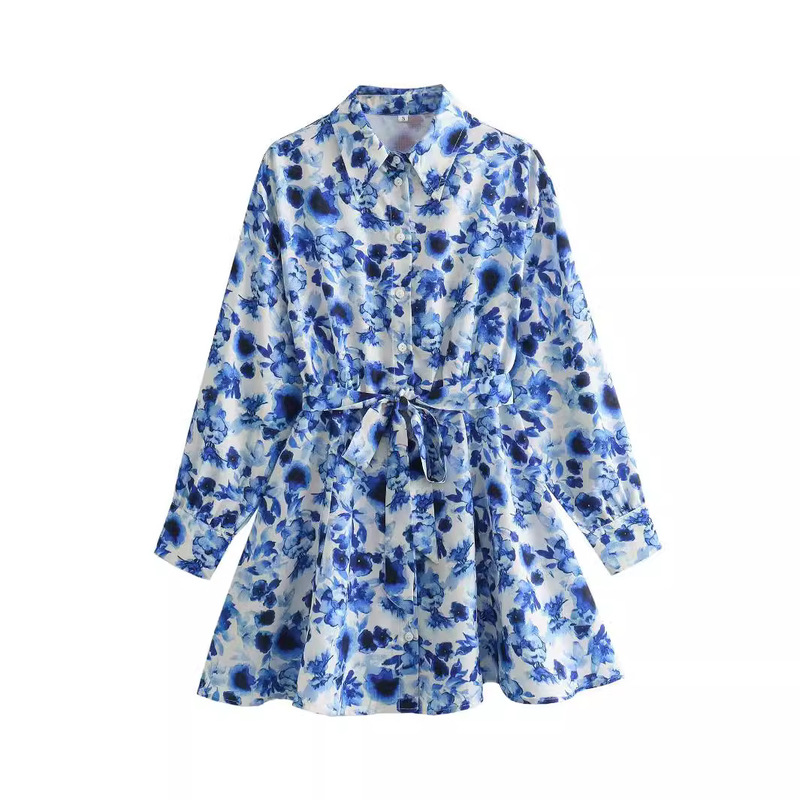 Cross-Border European and American Style New Aliexpress Export Women's Clothing Wholesale Hm Blue Flower Dress Slimming Look French Style