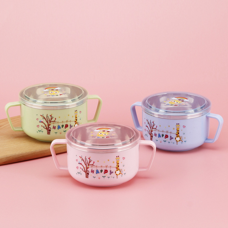 304 Stainless Steel Cartoon Children's Bowl with Double Handles and Lid, Anti-Scald Baby Food Bowl, Household Feeding Gift Box