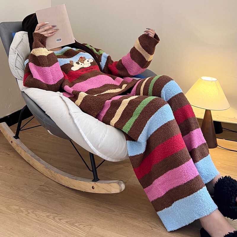 Colorful Stripesd Cute Puppy Knitted Half-Velvet Pajamas for Women Winter New Home Clothes Fleece-Lined Warm Suit