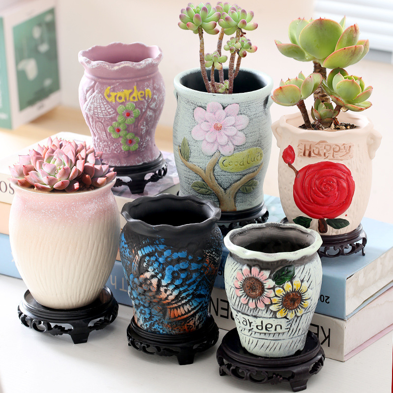 Succulent Flower Pots Ceramic Retro Potted Plant Pots Coarse Pottery Succulent Plants Large Diameter Combination Set Clearance Wholesale Green Plants