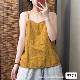 亚麻无袖T恤衫女2026夏季新款文艺纯色圆领可调节宽松套头吊带衫